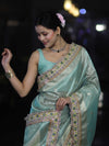 Banarasee Handloom Tissue Saree With Zari Buti Design Floral Border & Lace-Pastel Green