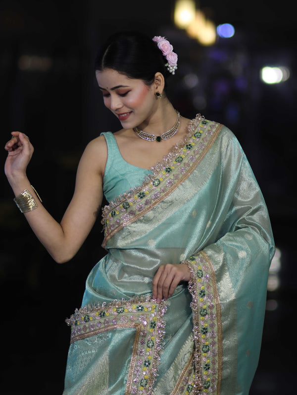 Banarasee Handloom Tissue Saree With Zari Buti Design Floral Border & Lace-Pastel Green