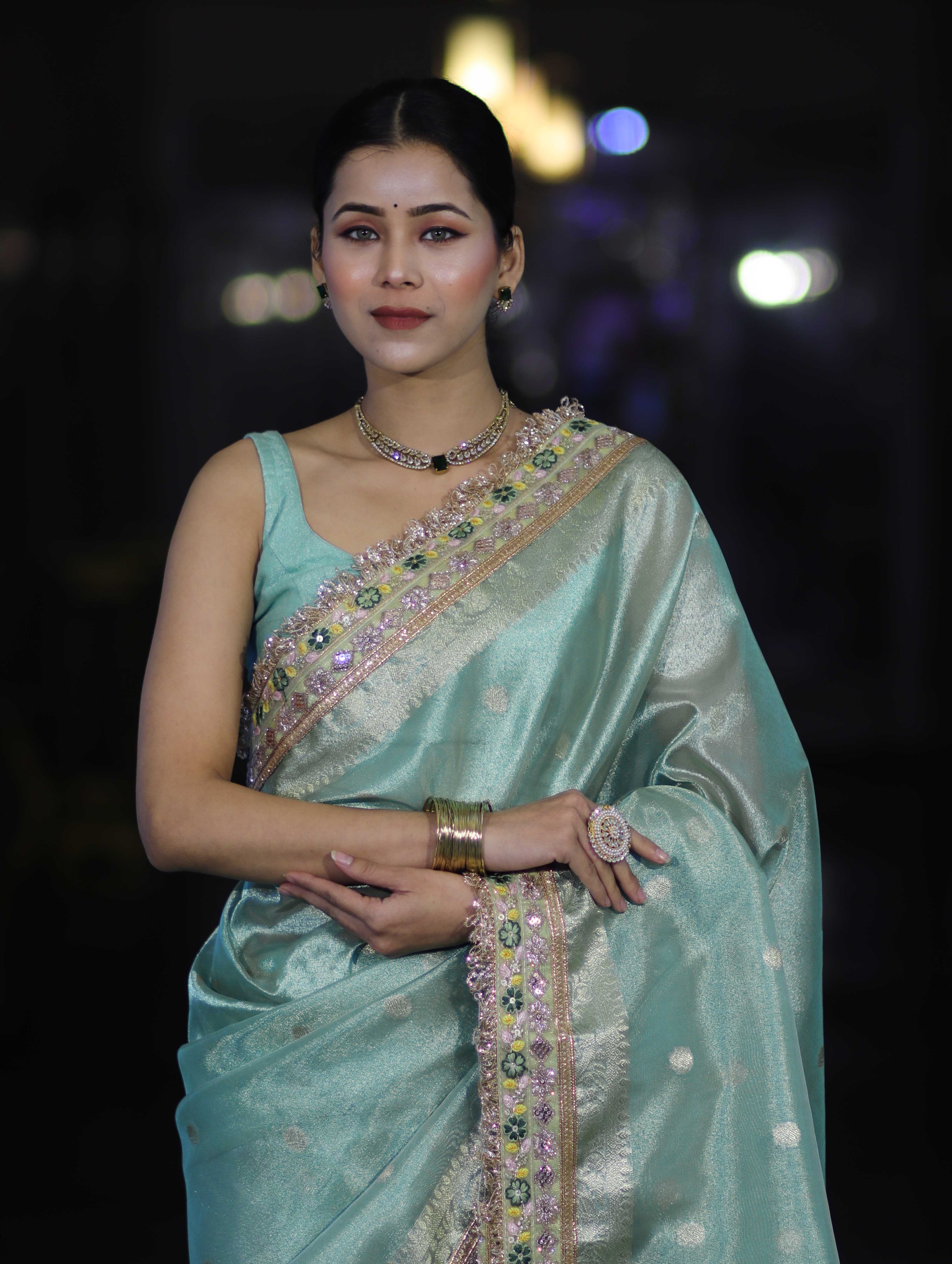 Banarasee Handloom Tissue Saree With Zari Buti Design Floral Border & Lace-Pastel Green