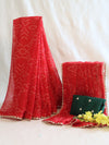 Banarasee Chiffon Bandhani Print Saree & Hand Work With Contrast Blouse-Red