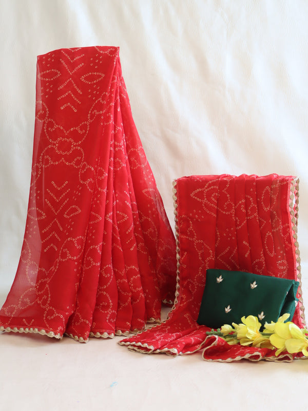 Banarasee Chiffon Bandhani Print Saree & Hand Work With Contrast Blouse-Red
