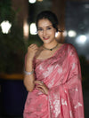 Banarasee Handloom Soft Silk Saree With Zari Buta Work & Border-Peachy Pink