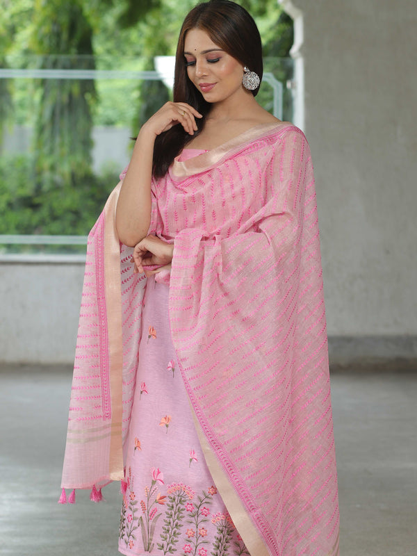 Banarasee Embroidered Linen Cotton Salwar Kameez With Dupatta-Pink