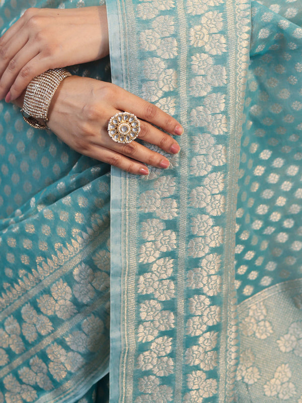 Banarasee Faux Georgette Saree With Zari Buti Design & Floral Border-Turquoise Green