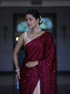 Banarasee Handloom Satin Hand Dyed Saree With Mirror Work-Burgundy & Beige