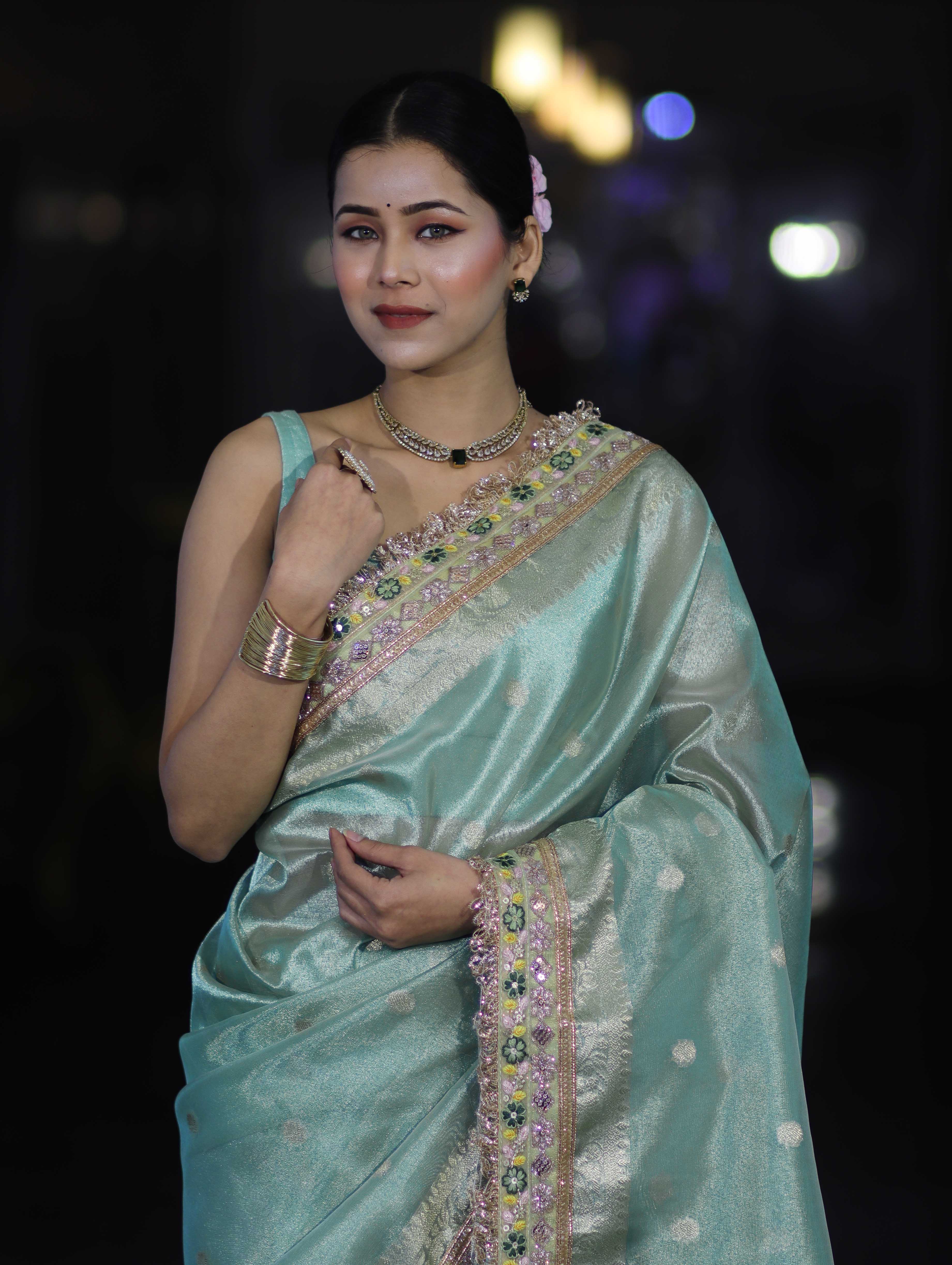 Banarasee Handloom Tissue Saree With Zari Buti Design Floral Border & Lace-Pastel Green