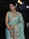 Banarasee Handloom Tissue Saree With Zari Buti Design Floral Border & Lace-Pastel Green