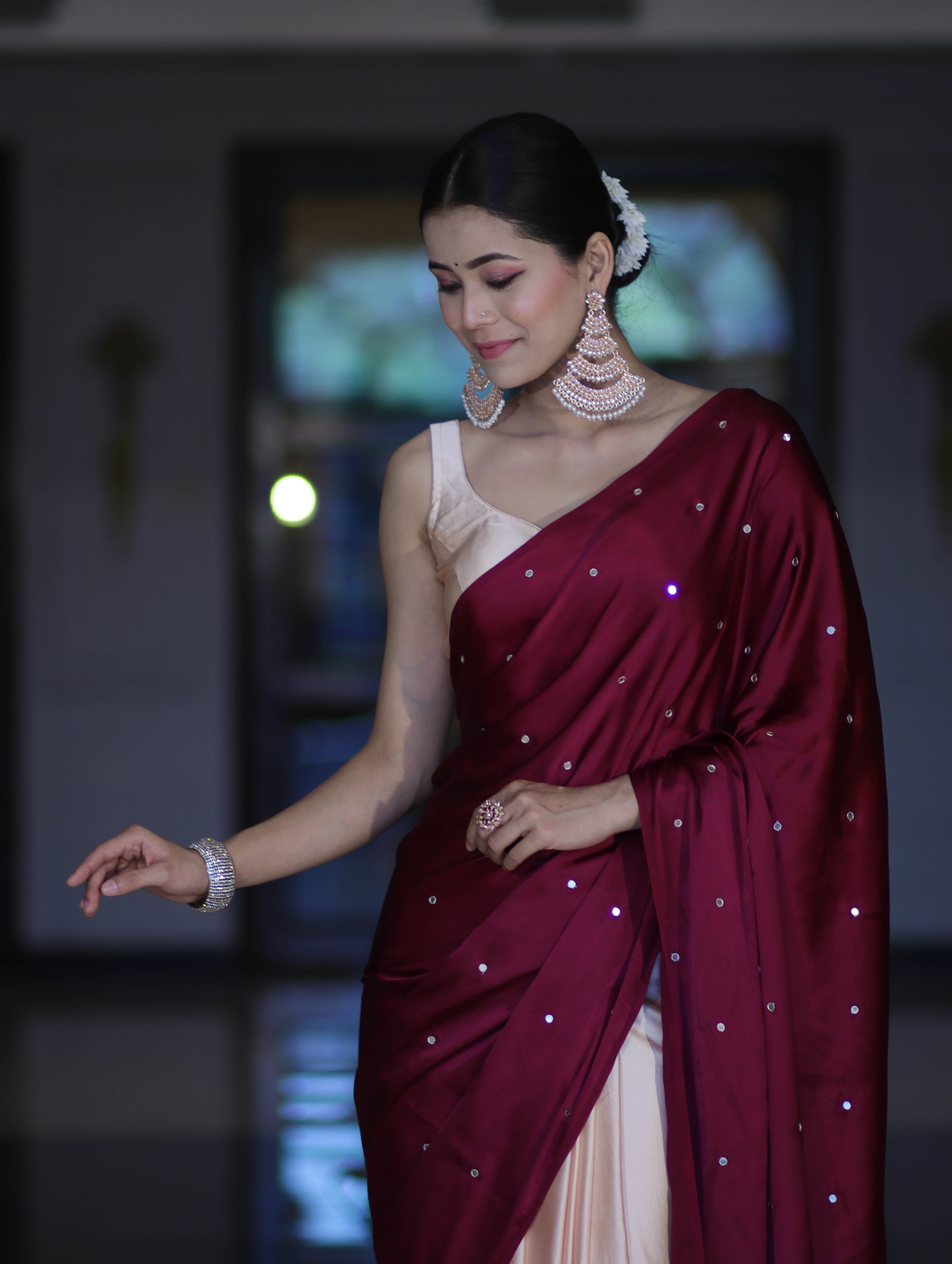 Banarasee Handloom Satin Hand Dyed Saree With Mirror Work-Burgundy & Beige