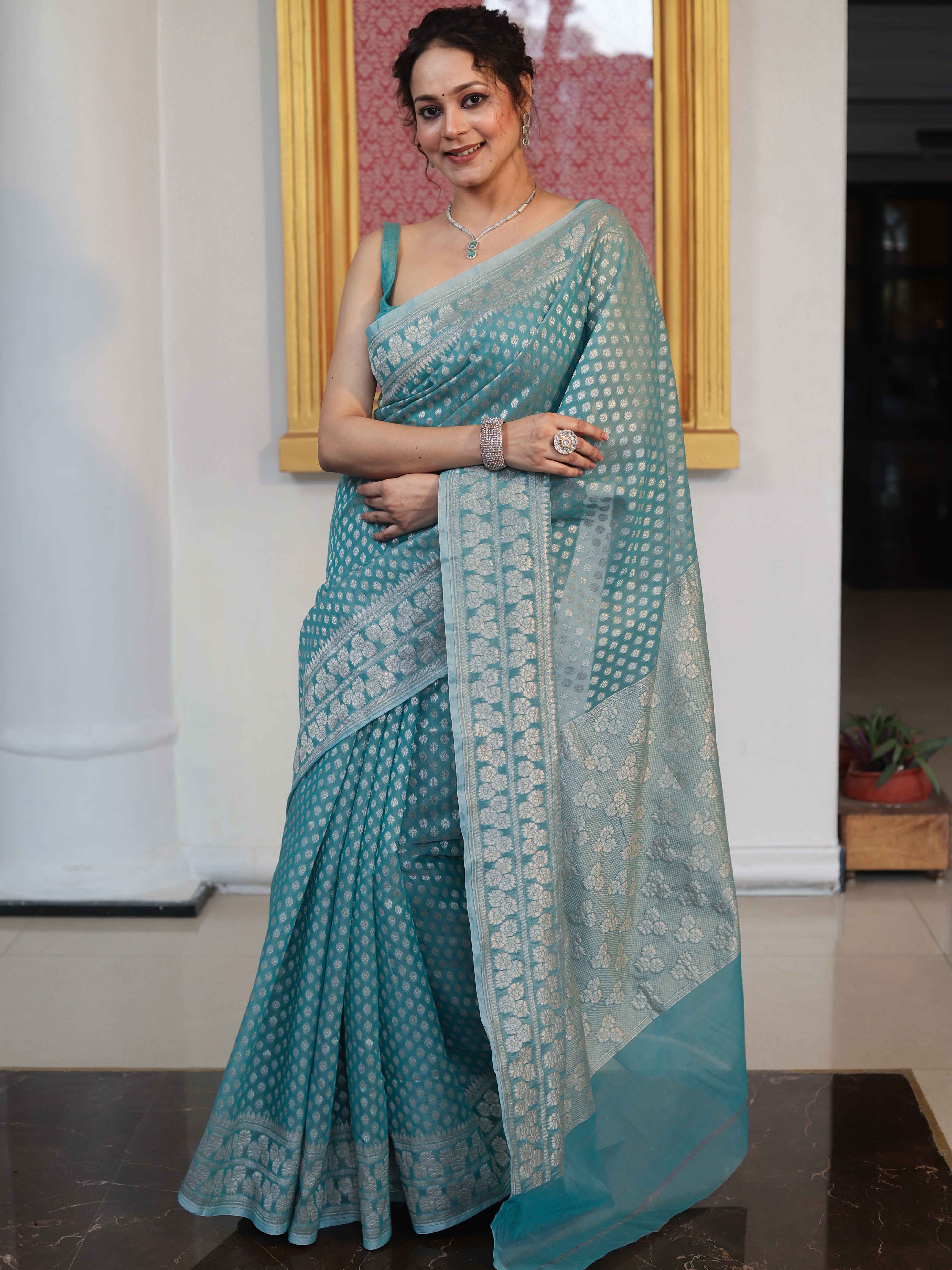 Banarasee Faux Georgette Saree With Zari Buti Design & Floral Border-Turquoise Green