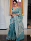 Banarasee Faux Georgette Saree With Zari Buti Design & Floral Border-Turquoise Green