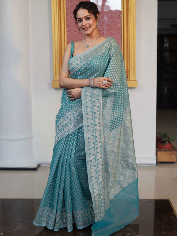 Banarasee Faux Georgette Saree With Zari Buti Design & Floral Border-Turquoise Green
