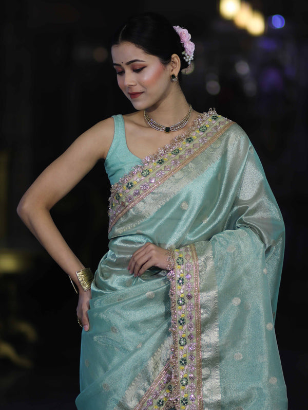 Banarasee Handloom Tissue Saree With Zari Buti Design Floral Border & Lace-Pastel Green