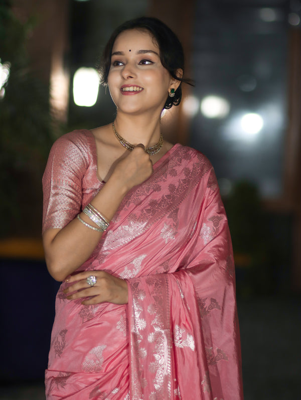 Banarasee Handloom Soft Silk Saree With Zari Buta Work & Border-Peachy Pink