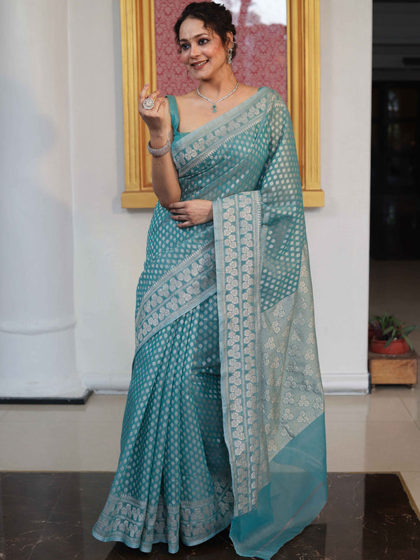 Banarasee Faux Georgette Saree With Zari Buti Design & Floral Border-Turquoise Green