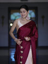 Banarasee Handloom Satin Hand Dyed Saree With Mirror Work-Burgundy & Beige