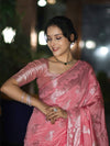 Banarasee Handloom Soft Silk Saree With Zari Buta Work & Border-Peachy Pink