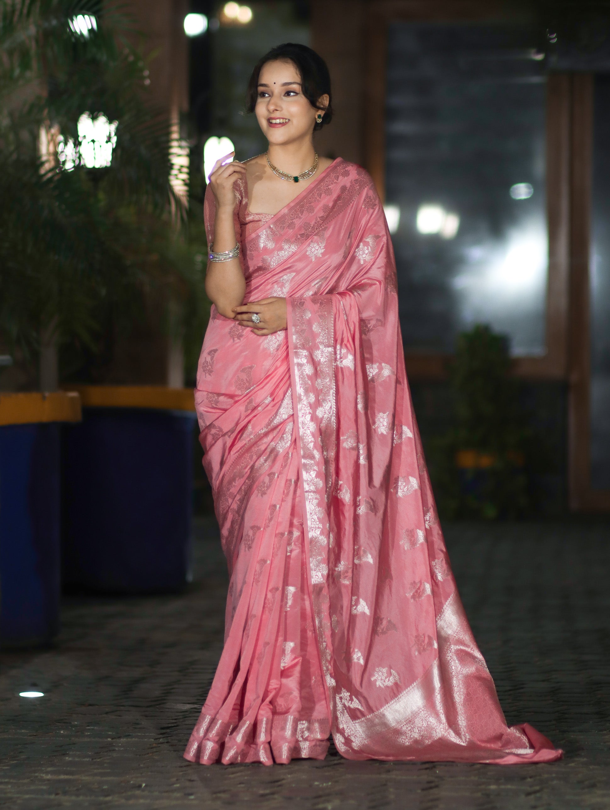Banarasee Handloom Soft Silk Saree With Zari Buta Work & Border-Peachy Pink