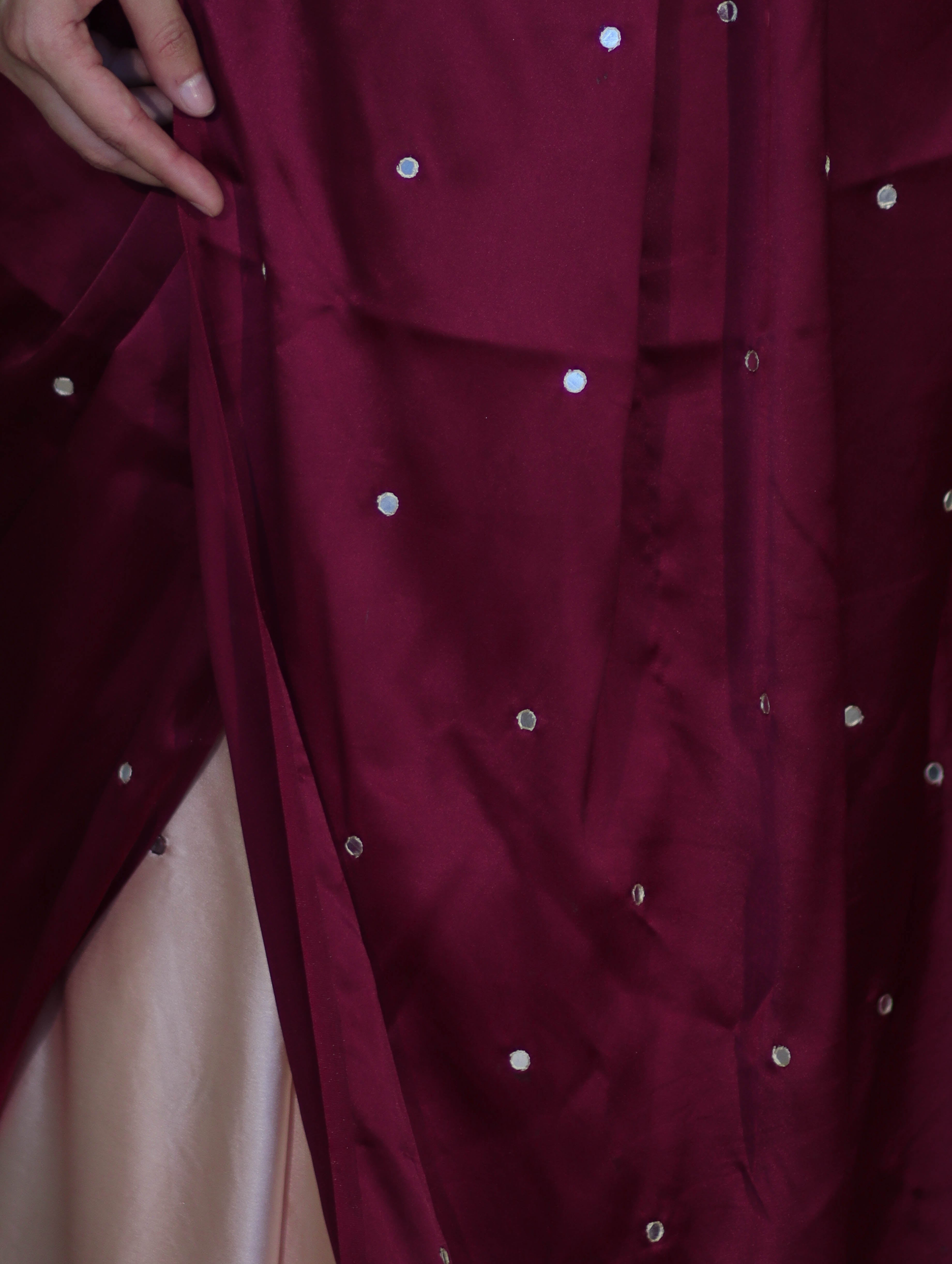 Banarasee Handloom Satin Hand Dyed Saree With Mirror Work-Burgundy & Beige