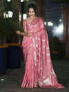 Banarasee Handloom Soft Silk Saree With Zari Buta Work & Border-Peachy Pink
