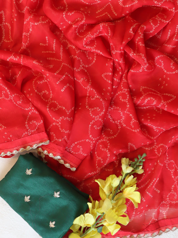 Banarasee Chiffon Bandhani Print Saree & Hand Work With Contrast Blouse-Red