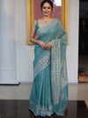 Banarasee Faux Georgette Saree With Zari Buti Design & Floral Border-Turquoise Green