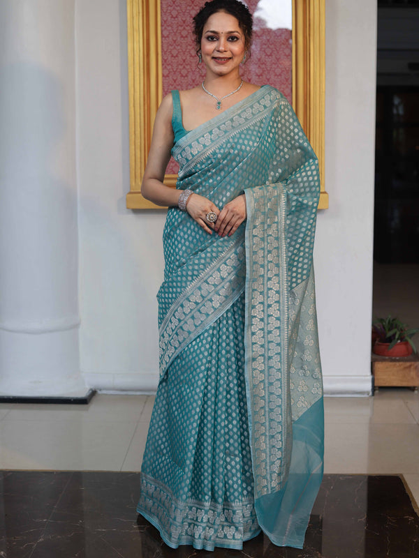 Banarasee Faux Georgette Saree With Zari Buti Design & Floral Border-Turquoise Green