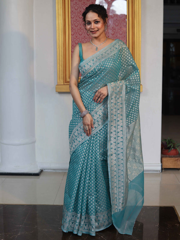 Banarasee Faux Georgette Saree With Zari Buti Design & Floral Border-Turquoise Green
