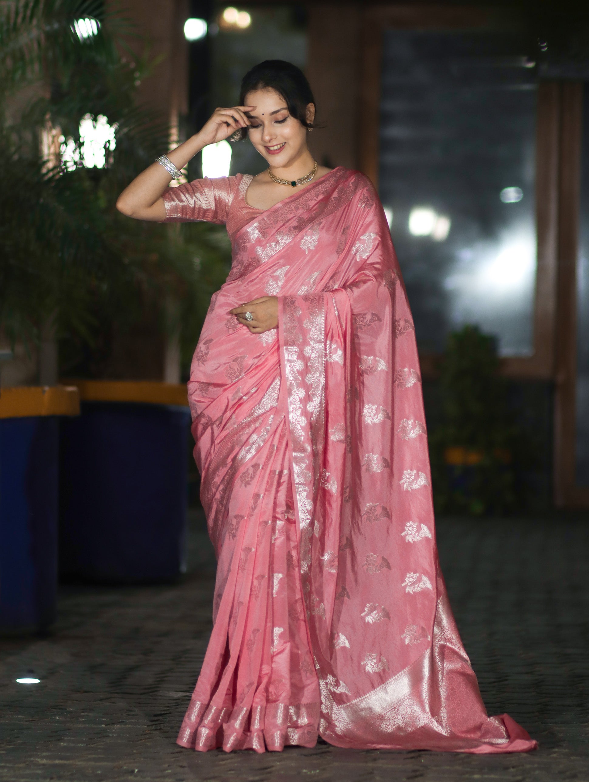 Banarasee Handloom Soft Silk Saree With Zari Buta Work & Border-Peachy Pink