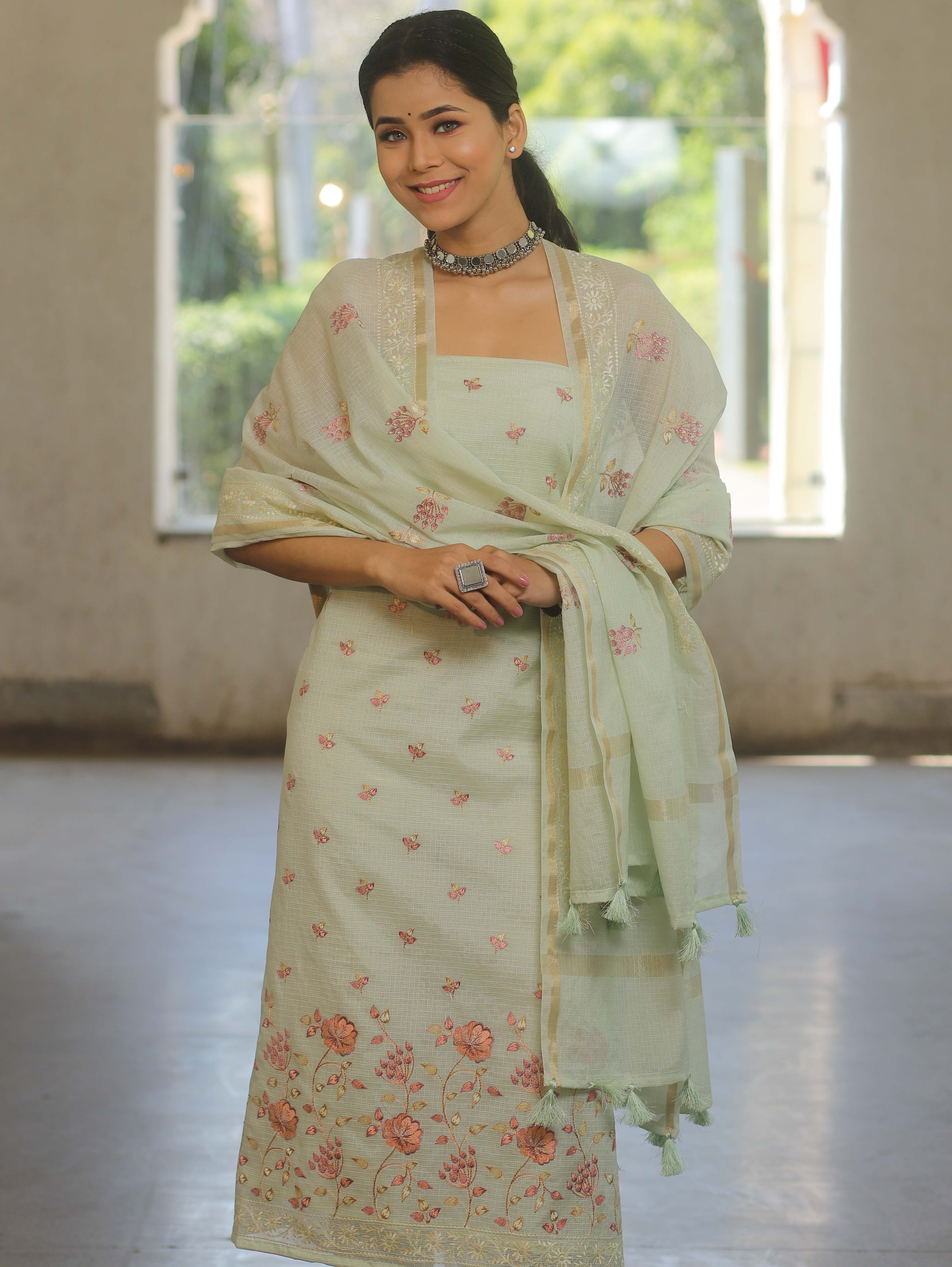 Banarasee Cotton Kota Embroidery Work Salwar Kameez Fabric With Dupatta-Green