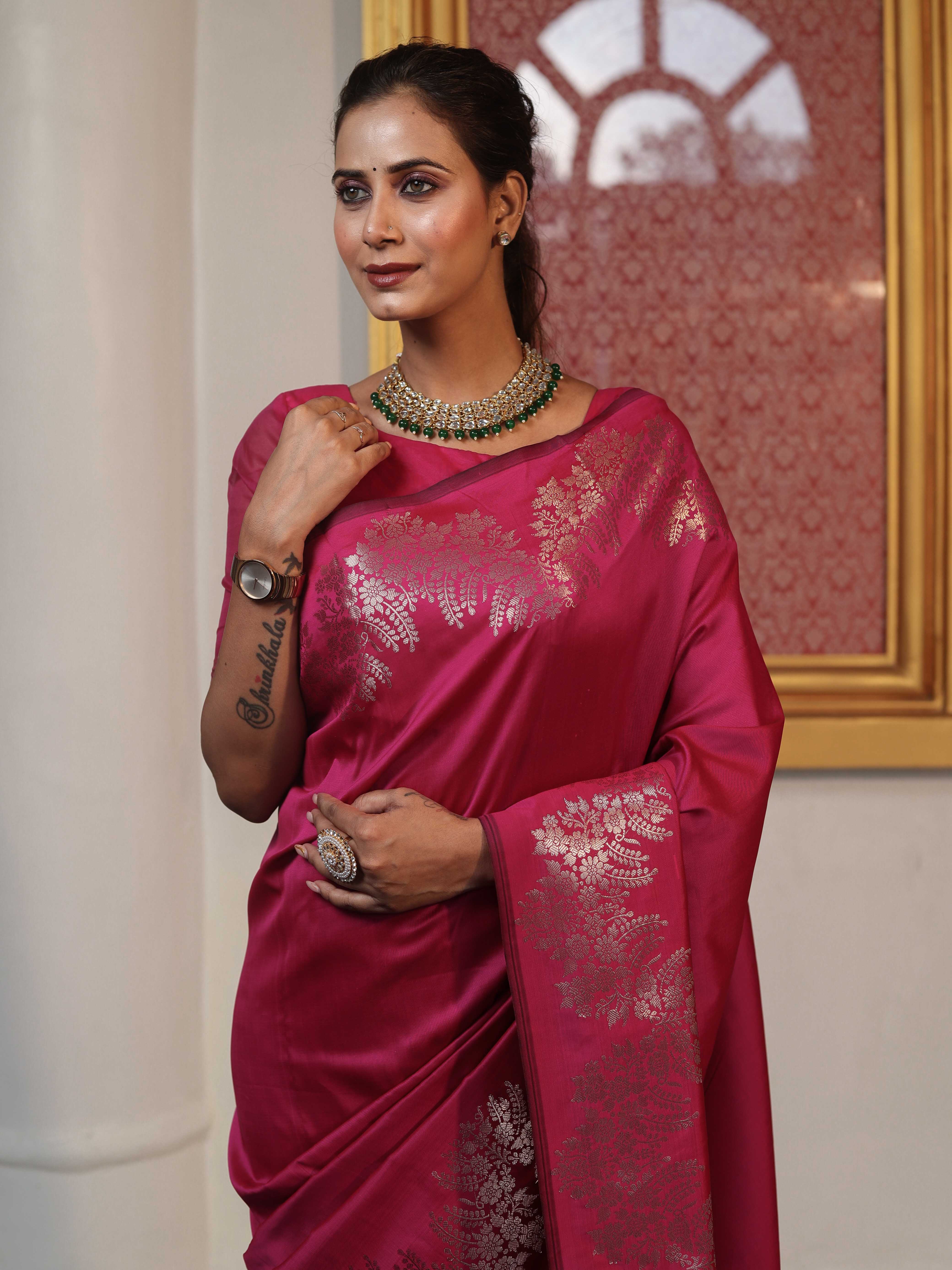 Banarasee Handwoven Semi Silk Saree With Zari Border-Hot Pink