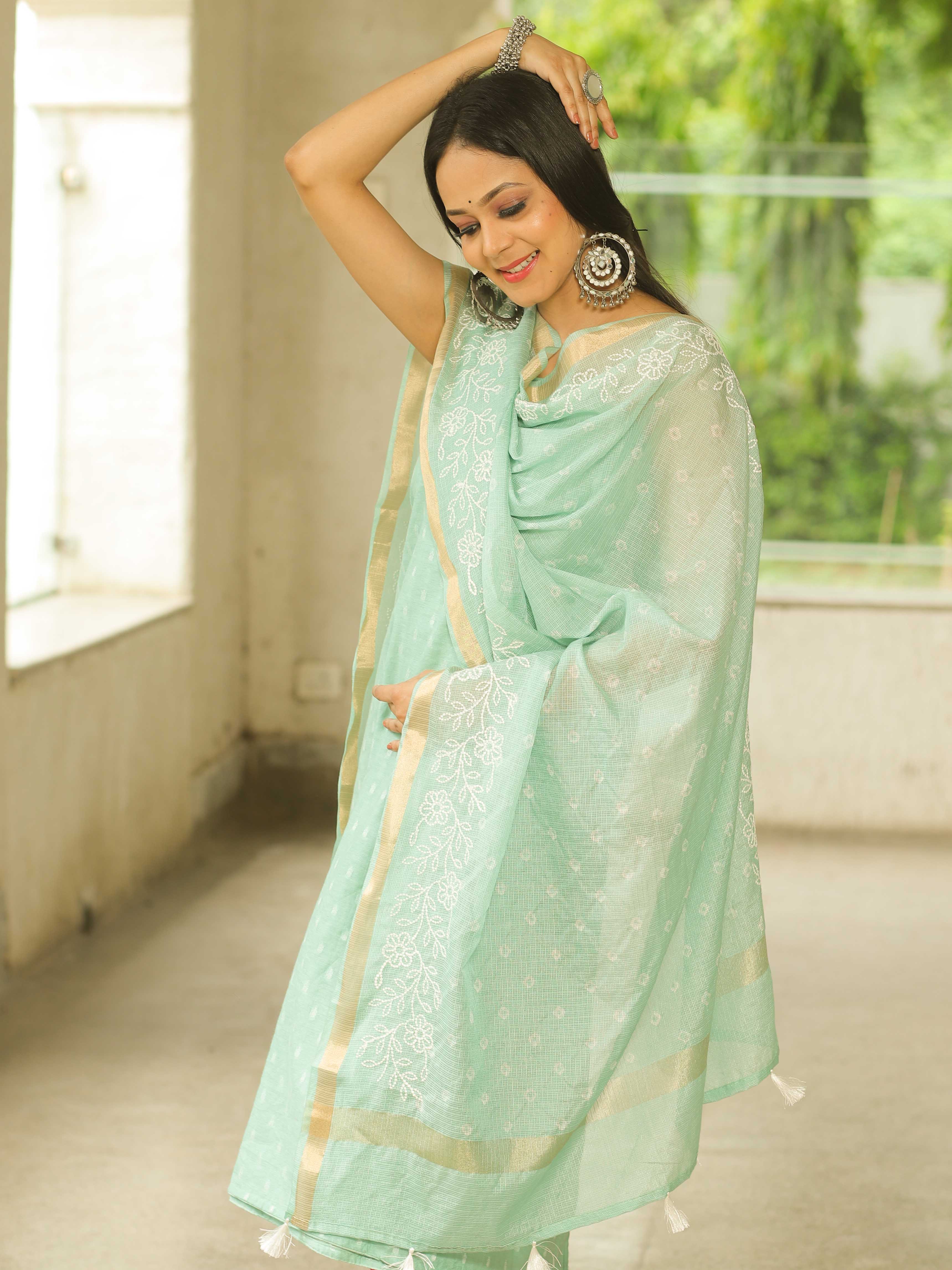 Banarasee Chanderi Cotton Resham Buti Salwar Kameez Fabric With embroidered Kota Dupatta-Sea Green