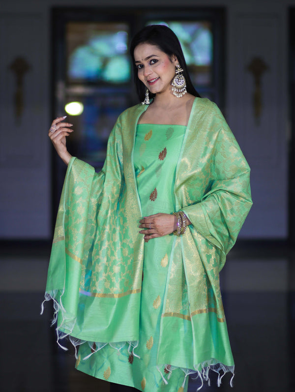 Banarasee Cotton Silk Salwar Kameez Fabric With Zari Jaal Design Dupatta Set-Green