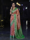 Banarasee Handloom Semi Silk Saree With Contrast Border & Lace-Peach & Green