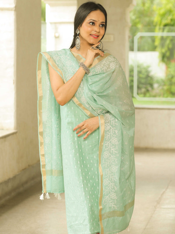 Banarasee Chanderi Cotton Resham Buti Salwar Kameez Fabric With embroidered Kota Dupatta-Sea Green