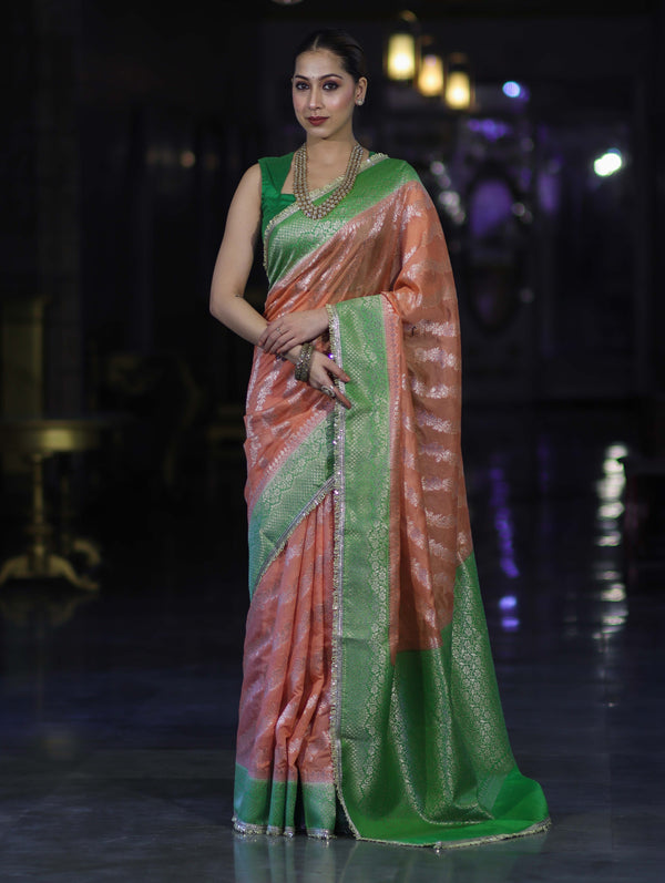 Banarasee Handloom Semi Silk Saree With Contrast Border & Lace-Peach & Green