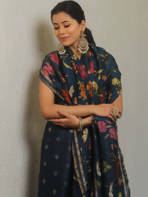 Banarasee Pure Chanderi Silk Zari Buti Salwar Kameez Fabric With Digital Print Dupatta Set-Prussian Blue