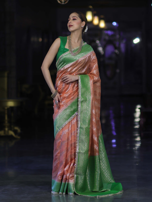Banarasee Handloom Semi Silk Saree With Contrast Border & Lace-Peach & Green