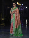 Banarasee Handloom Semi Silk Saree With Contrast Border & Lace-Peach & Green