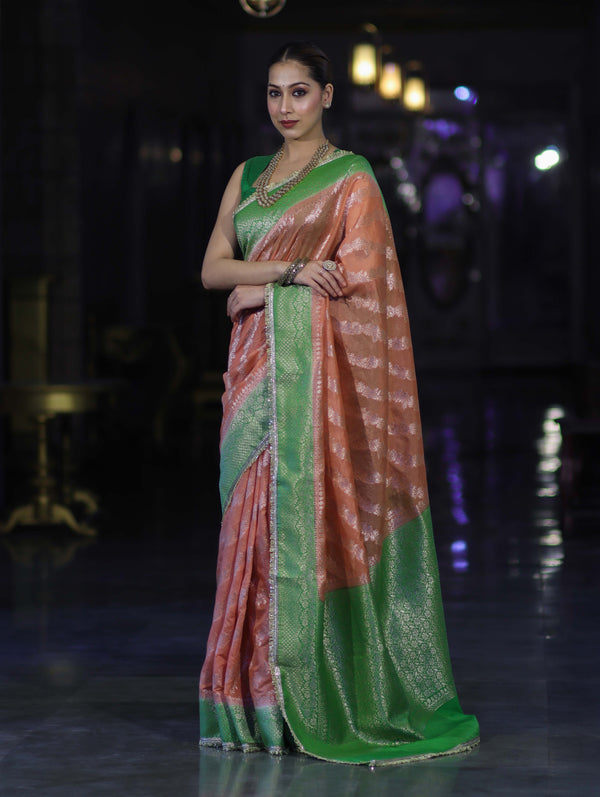 Banarasee Handloom Semi Silk Saree With Contrast Border & Lace-Peach & Green