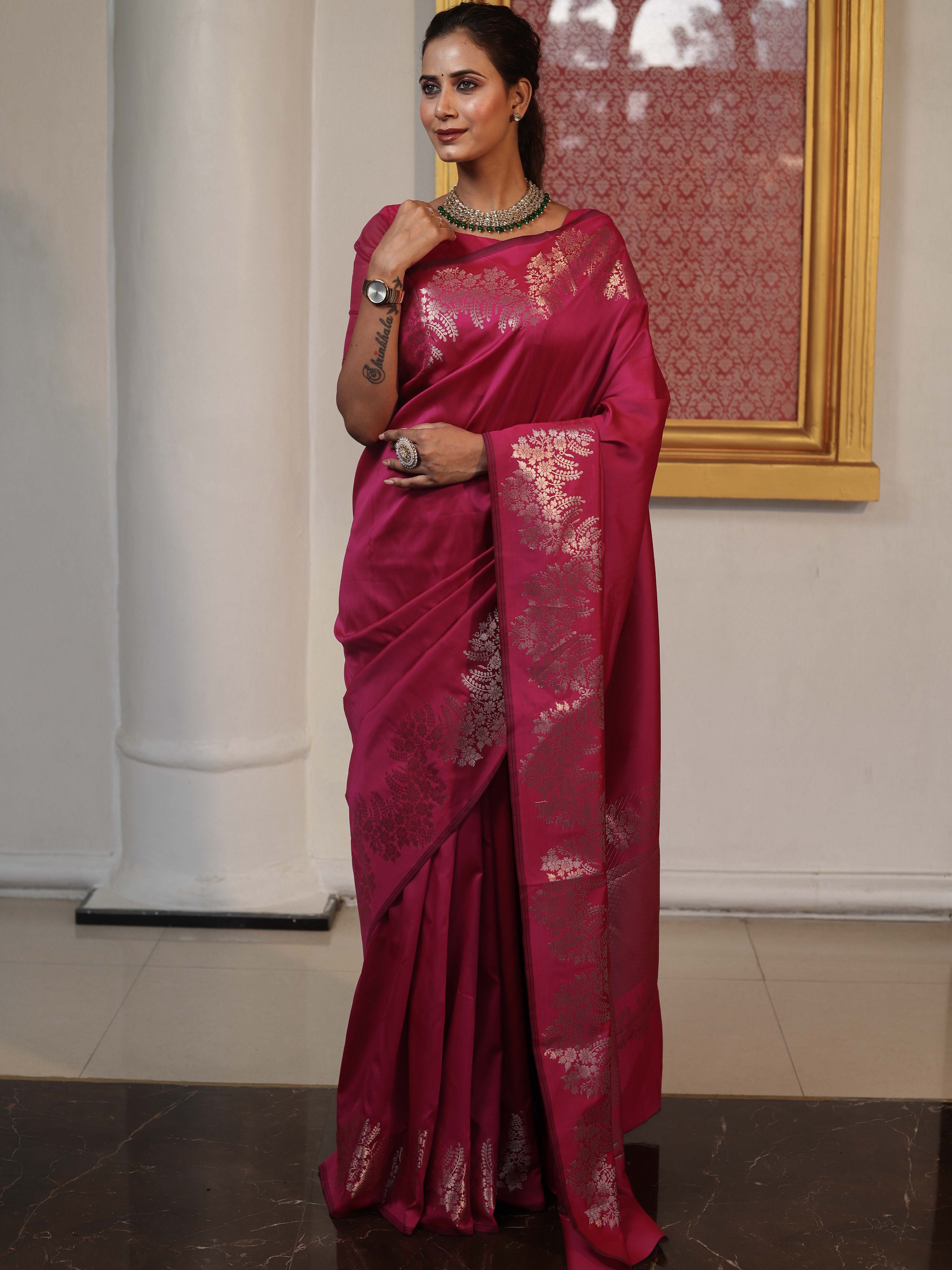 Banarasee Handwoven Semi Silk Saree With Zari Border-Hot Pink