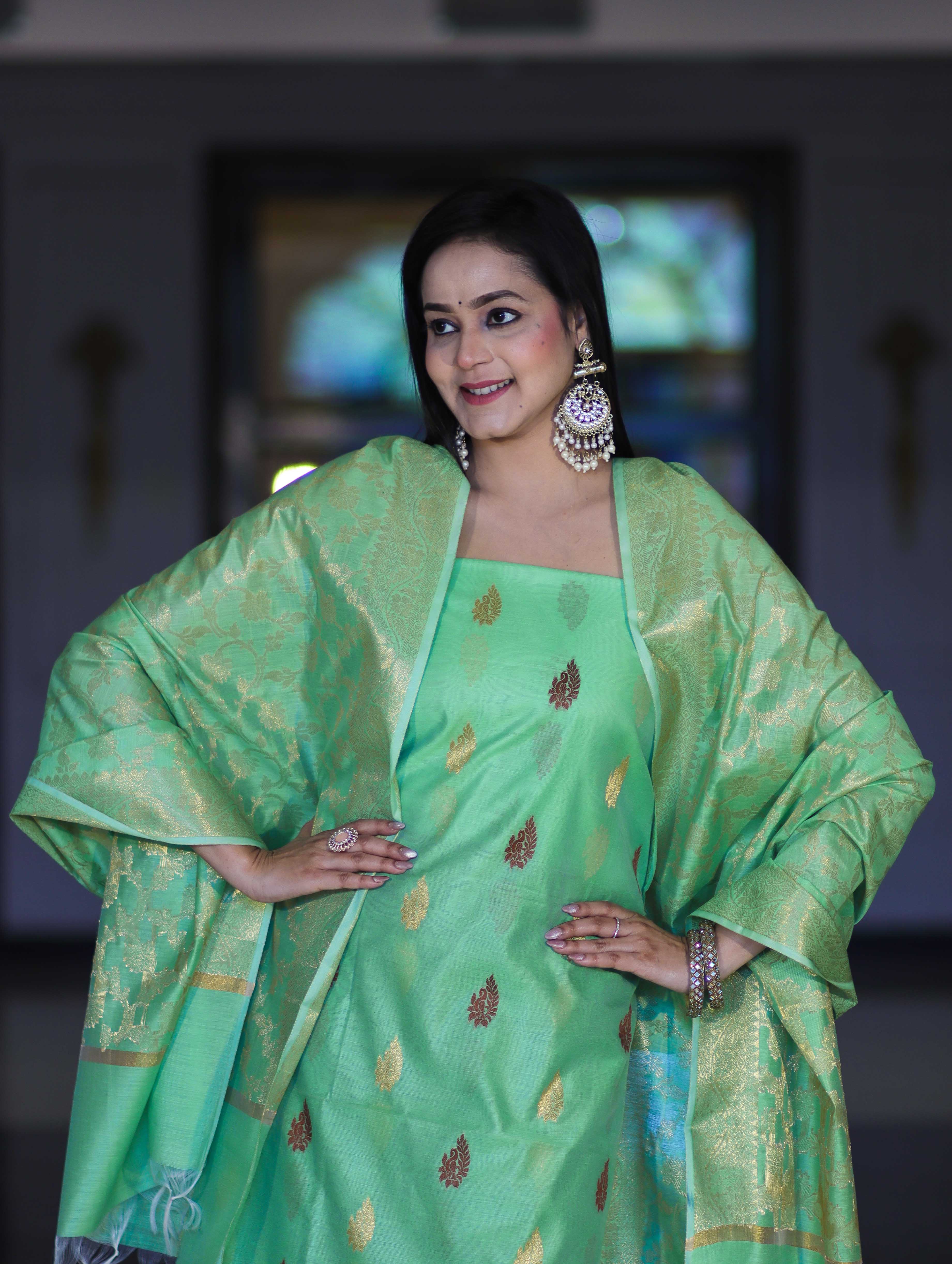 Banarasee Cotton Silk Salwar Kameez Fabric With Zari Jaal Design Dupatta Set-Green
