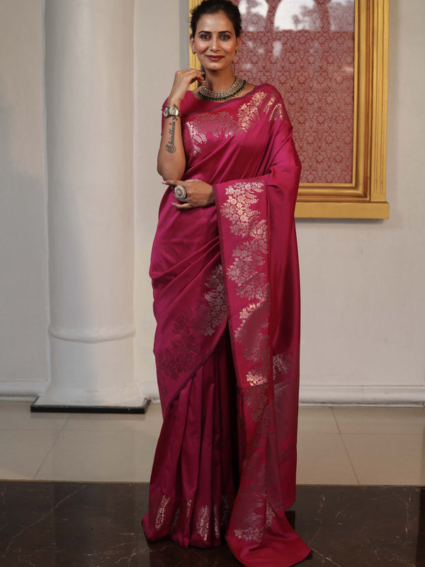 Banarasee Handwoven Semi Silk Saree With Zari Border-Hot Pink