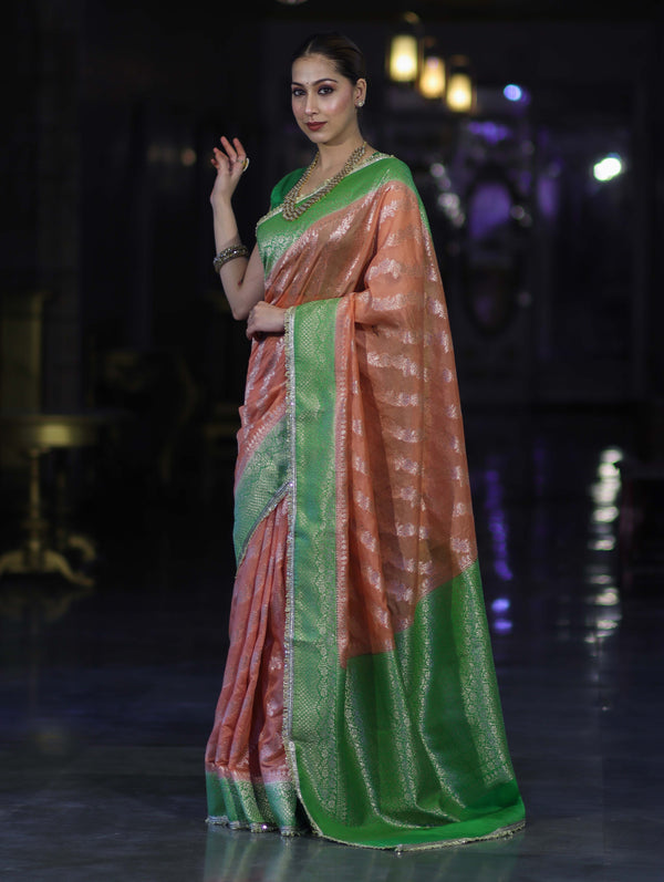 Banarasee Handloom Semi Silk Saree With Contrast Border & Lace-Peach & Green