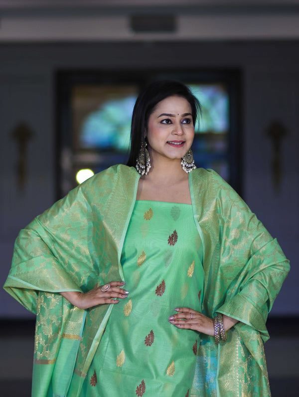 Banarasee Cotton Silk Salwar Kameez Fabric With Zari Jaal Design Dupatta Set-Green