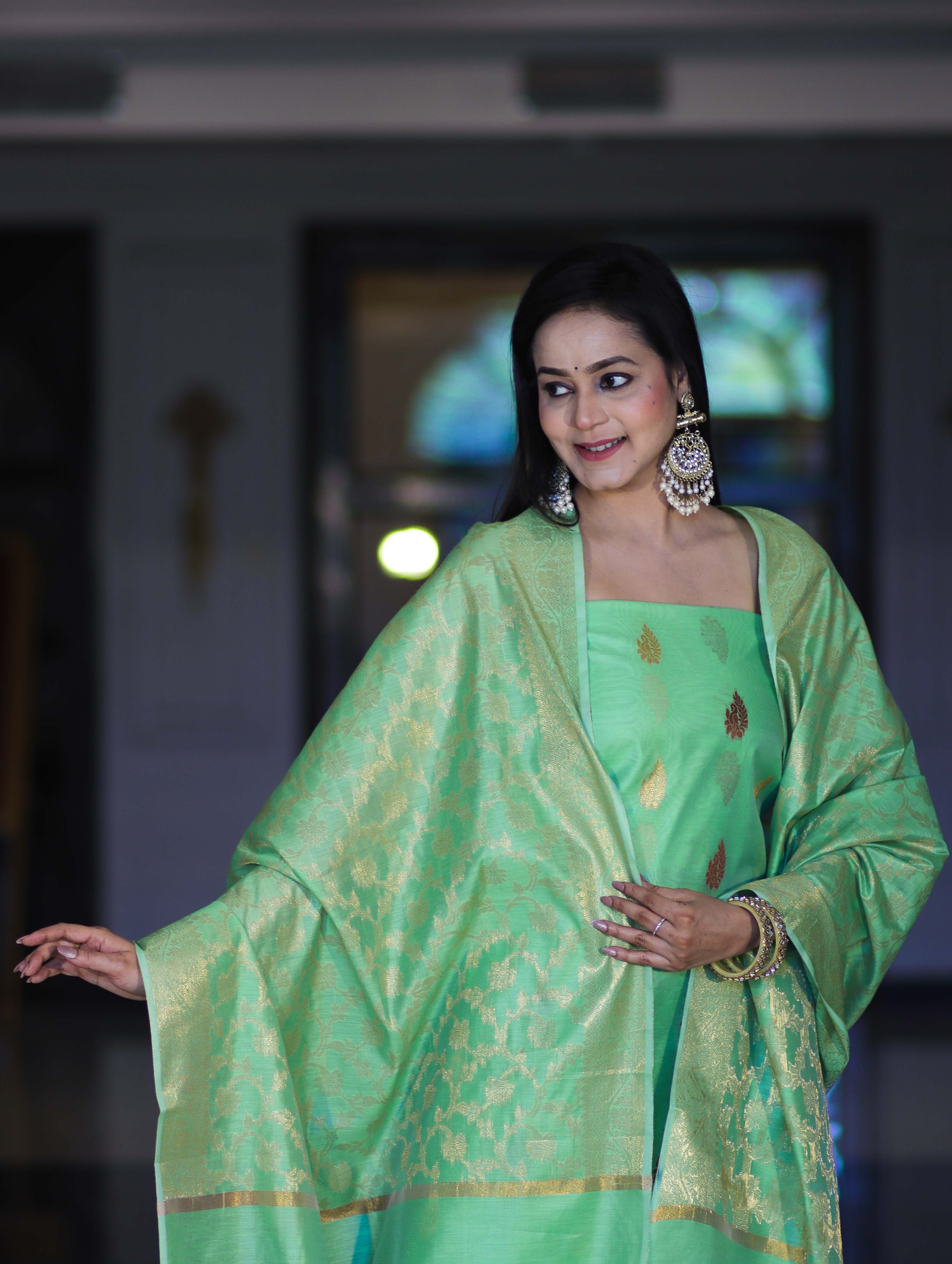 Banarasee Cotton Silk Salwar Kameez Fabric With Zari Jaal Design Dupatta Set-Green