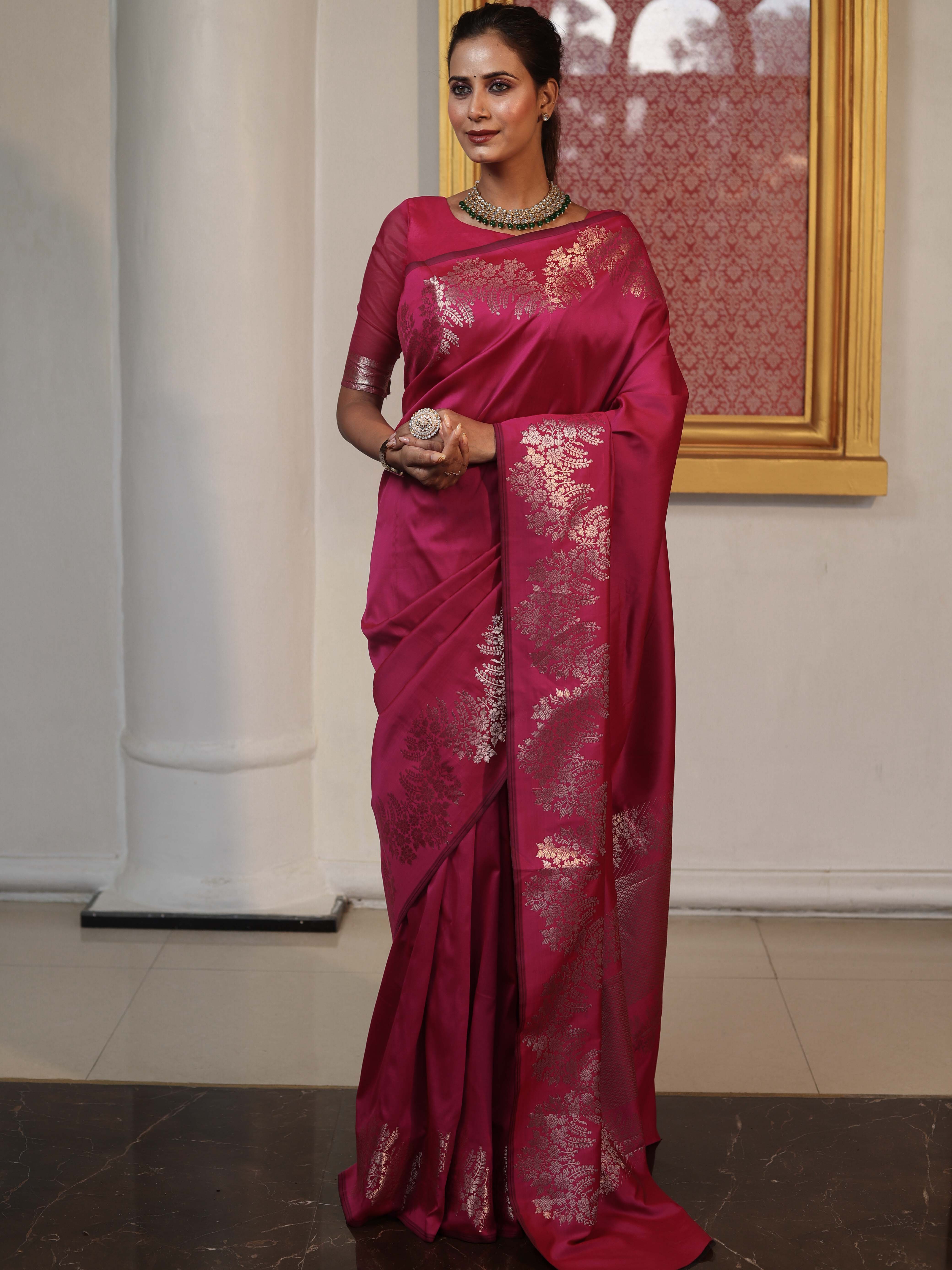 Banarasee Handwoven Semi Silk Saree With Zari Border-Hot Pink