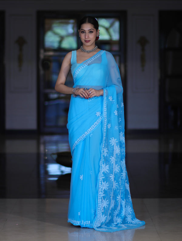 Banarasee Handwoven Georgette Saree With Chikankari Work-Light Blue
