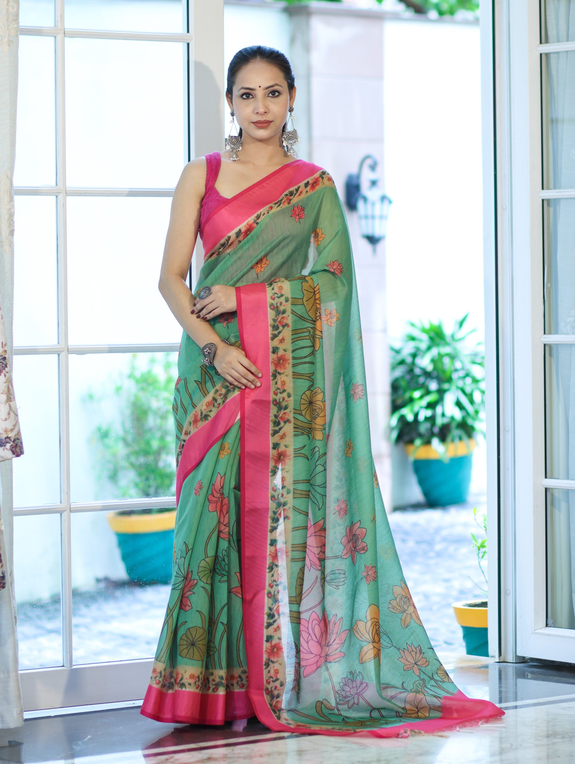 Banarasee Handloom Cotton Silk Saree With Digital Floral Prints & Contrast Border-Green