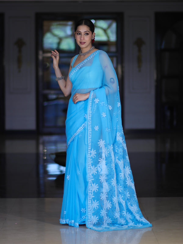 Banarasee Handwoven Georgette Saree With Chikankari Work-Light Blue