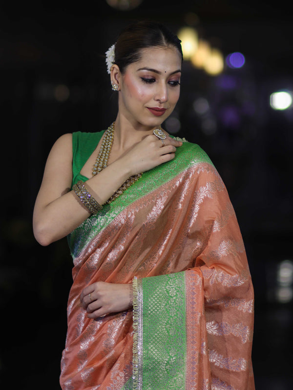 Banarasee Handloom Semi Silk Saree With Contrast Border & Lace-Peach & Green